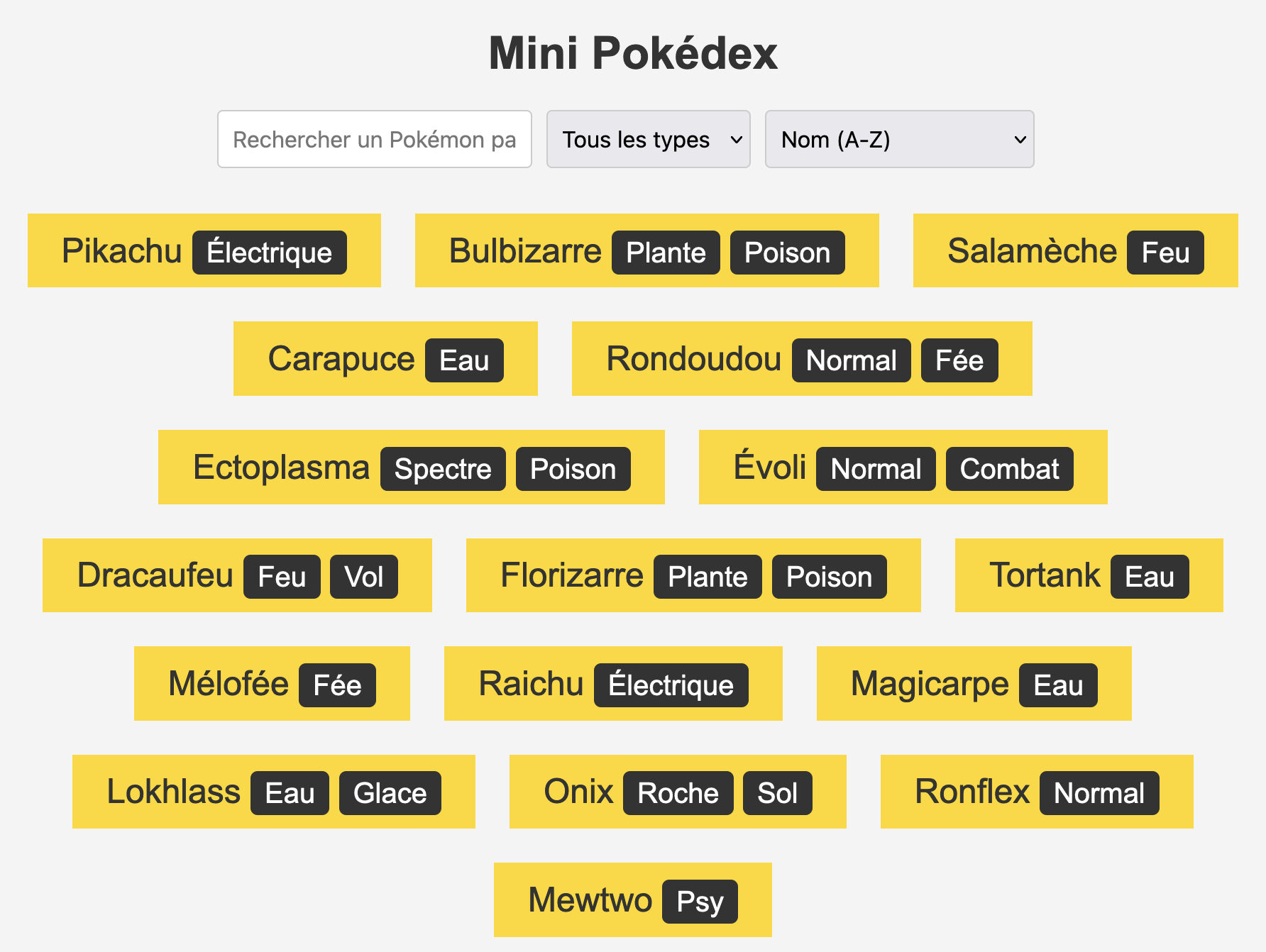 La liste de Pokémons avec leur nom et leur type