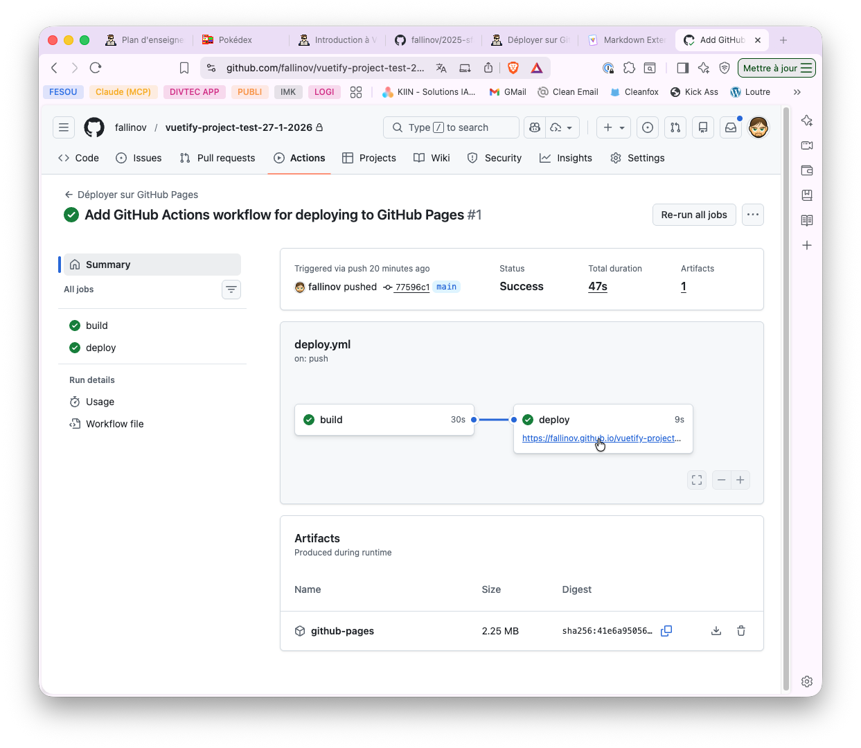 Détail du workflow avec les jobs build et deploy