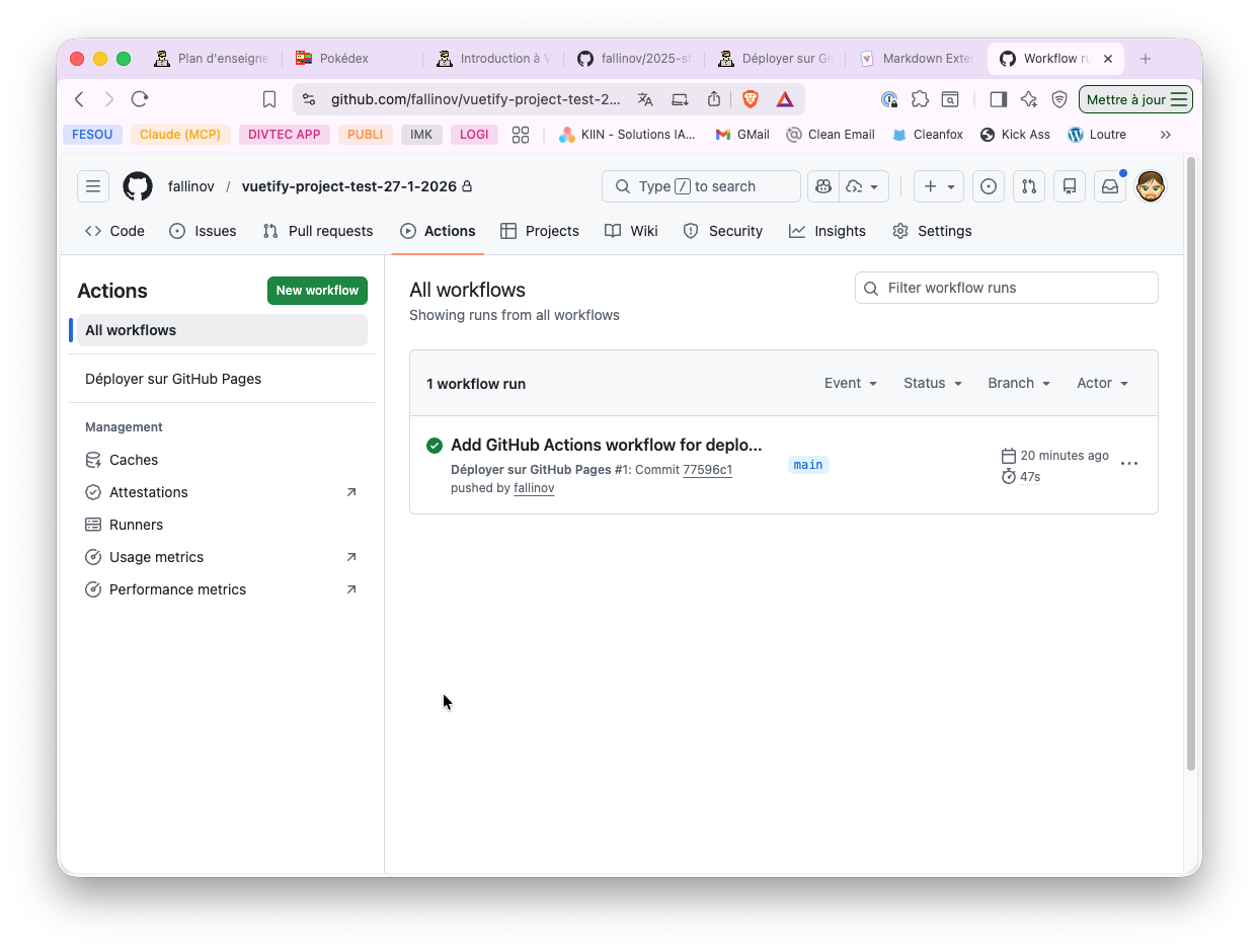 Liste des workflows dans l'onglet Actions