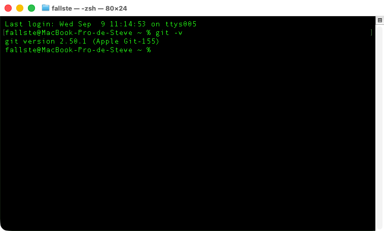 Terminal macOS affichant la commande git -v et sa réponse « git version 2.50.1 »