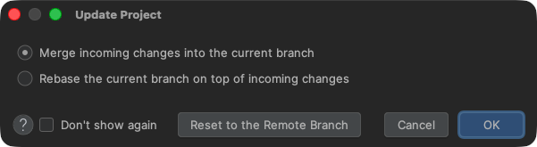 Le dialogue Update Project de WebStorm : option « Merge incoming changes into the current branch » cochée, option « Rebase » en dessous, bouton OK