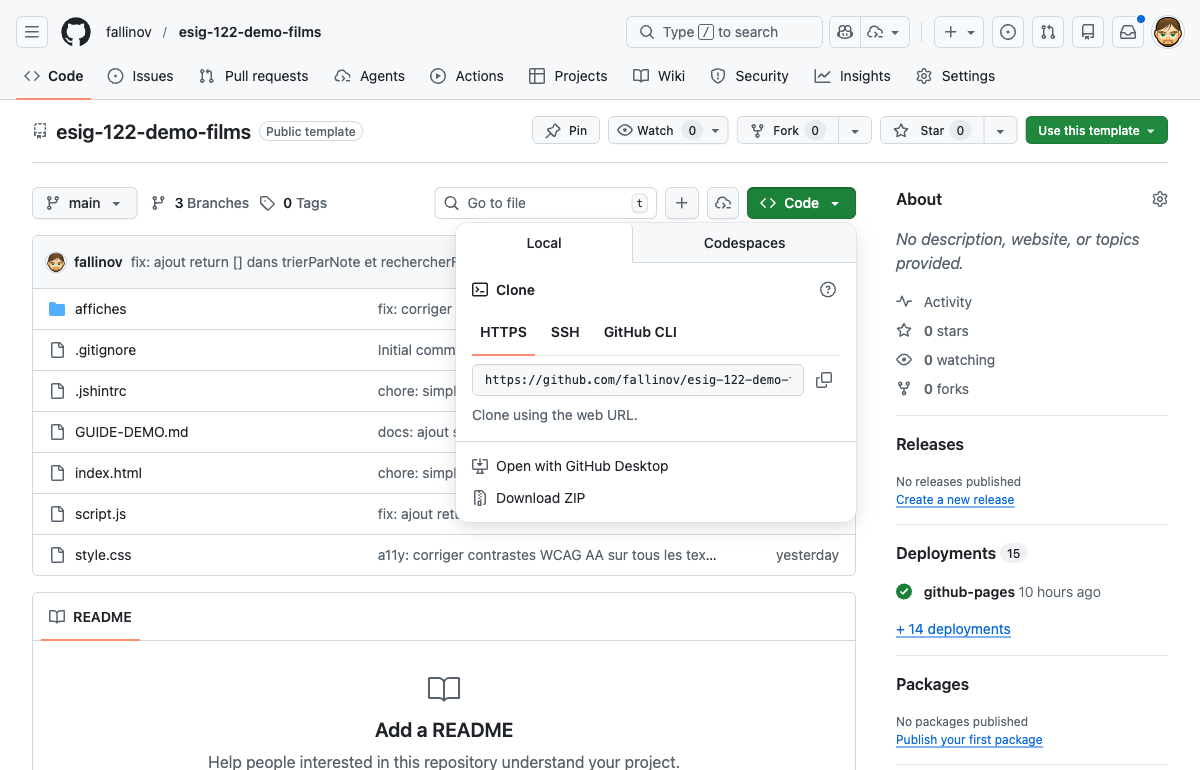 Bouton "Code" pour copier l'URL de clonage