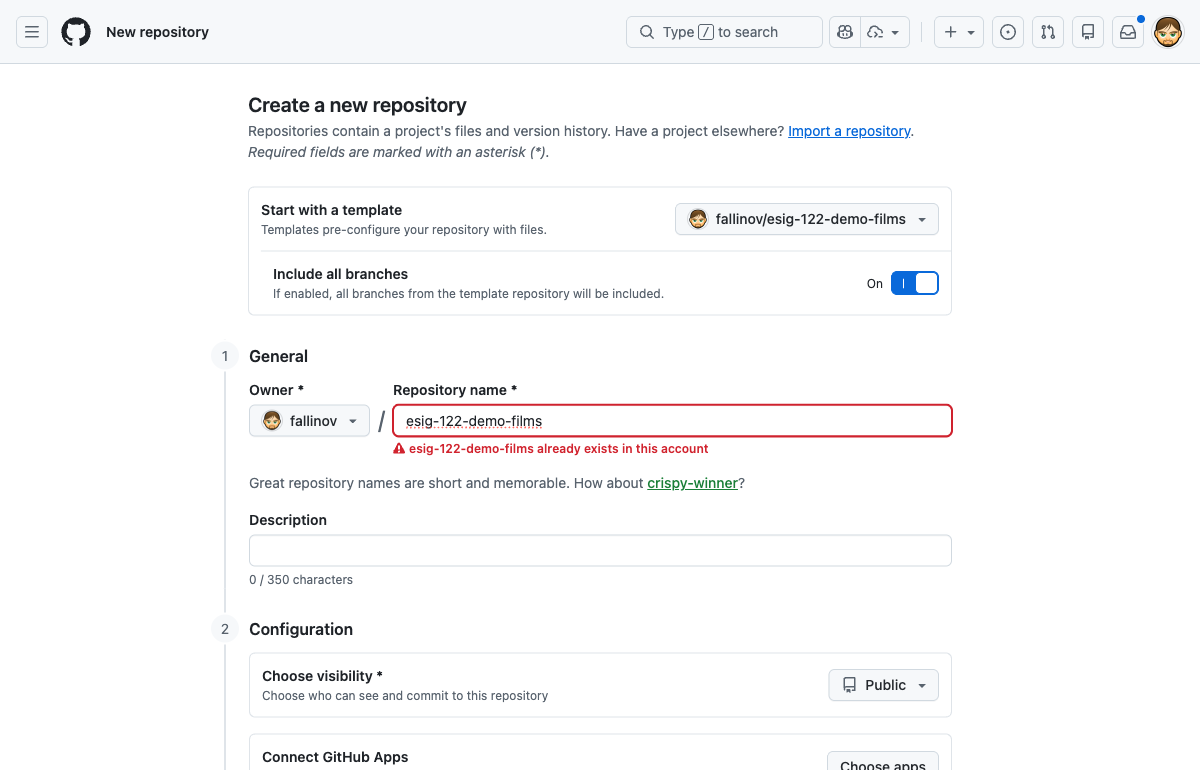 Formulaire de création avec "Include all branches" coché