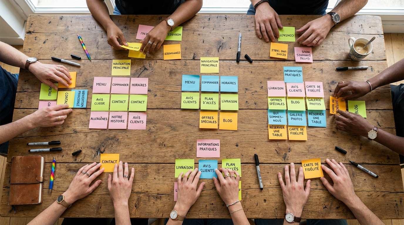 Session de card sorting : des mains trient des post-it colorés sur une table en bois, chaque post-it représente une page du site