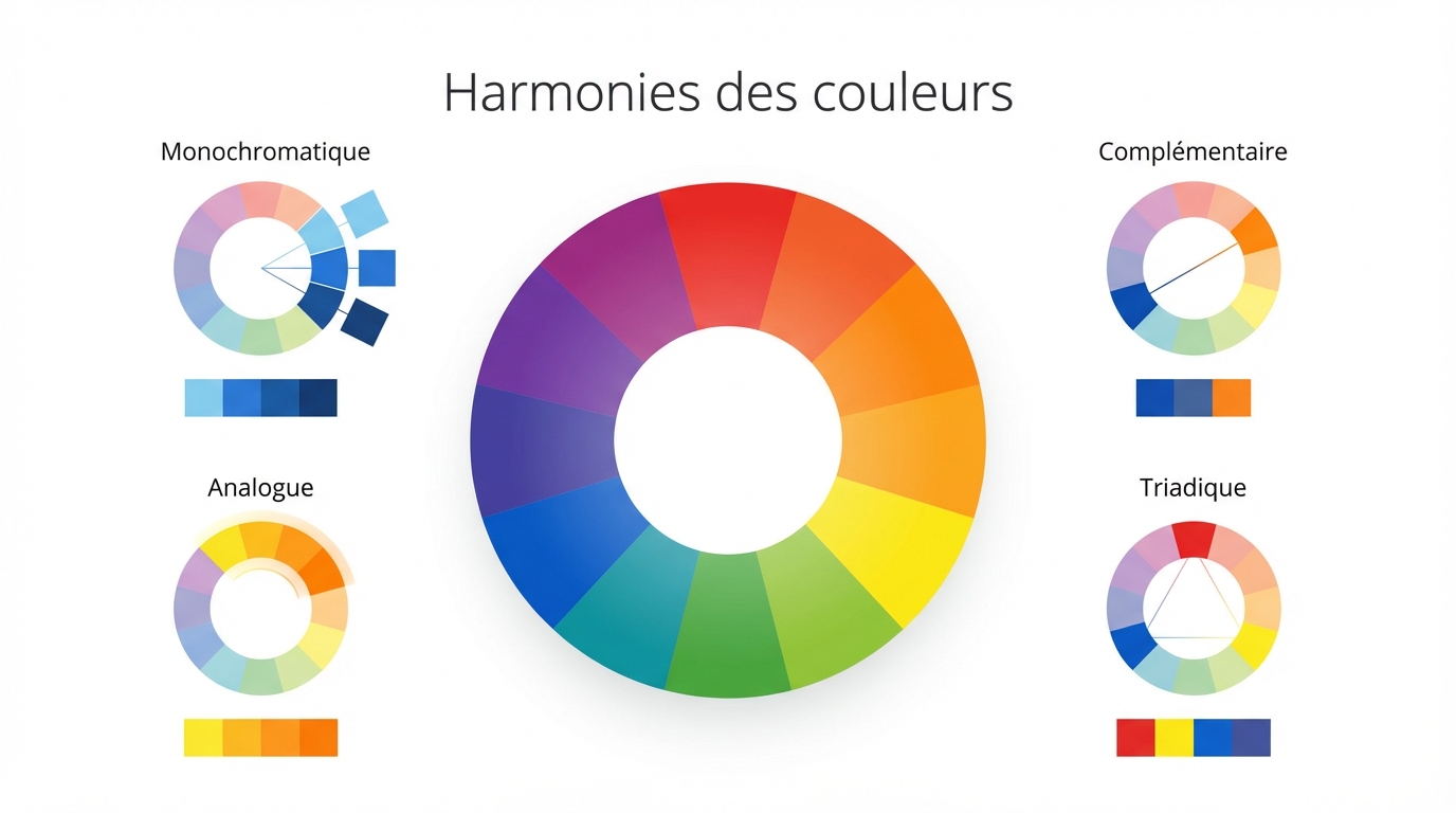 Cercle chromatique avec les 4 types d'harmonie : monochromatique, complémentaire, analogue, triadique