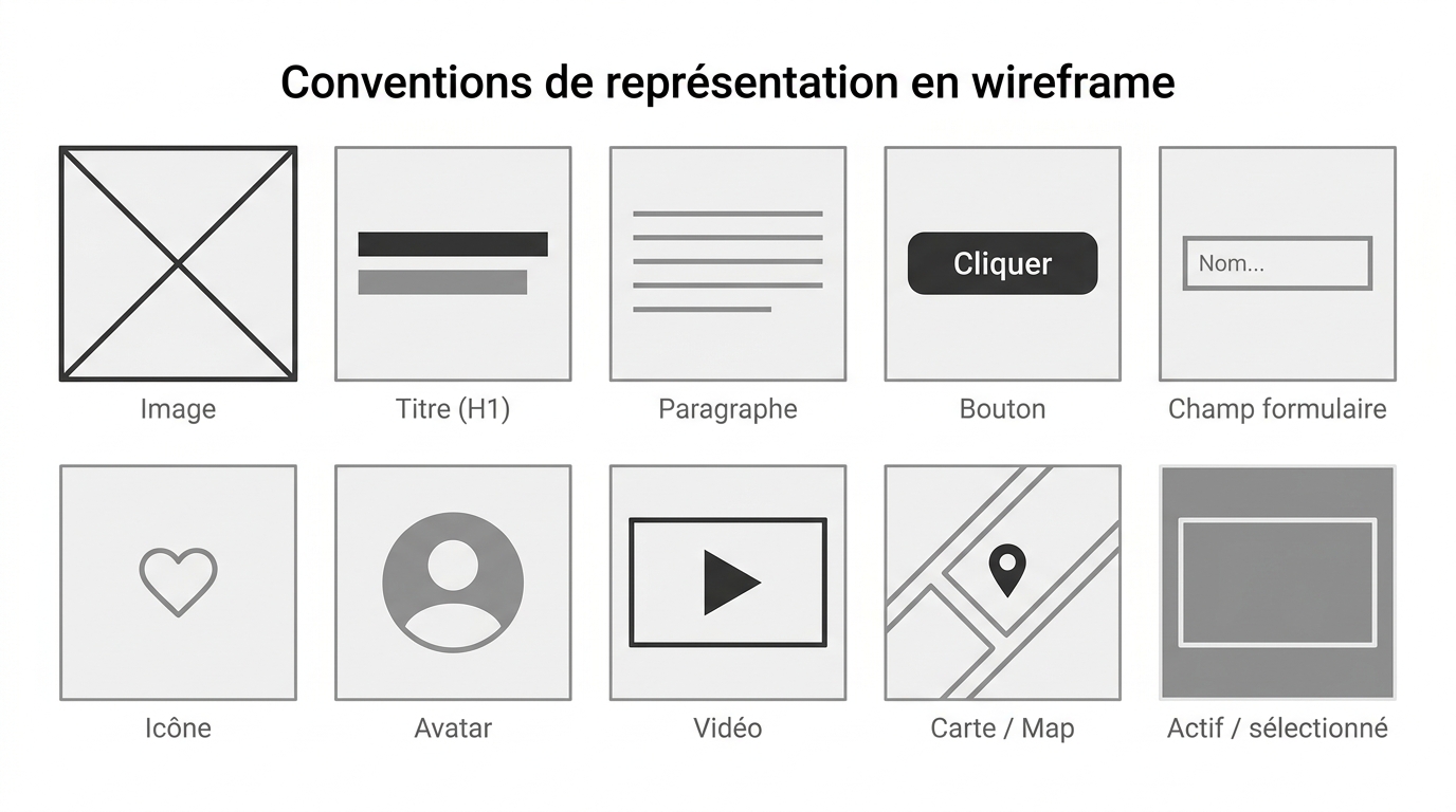 Cheatsheet en niveaux de gris des 10 conventions de représentation en wireframe : image (carré avec X), titre H1 (barres épaisses), paragraphe (lignes horizontales), bouton (rectangle avec texte Cliquer), champ formulaire (rectangle avec placeholder Nom), icône (cœur), avatar (cercle avec silhouette), vidéo (rectangle avec triangle play), carte (rues et pin), élément actif (rectangle plus foncé)