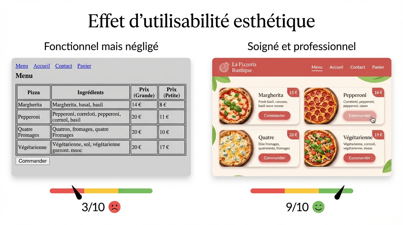 Effet esthétique : un site fonctionnel mais négligé (3/10) vs le même contenu soigné et professionnel (9/10)