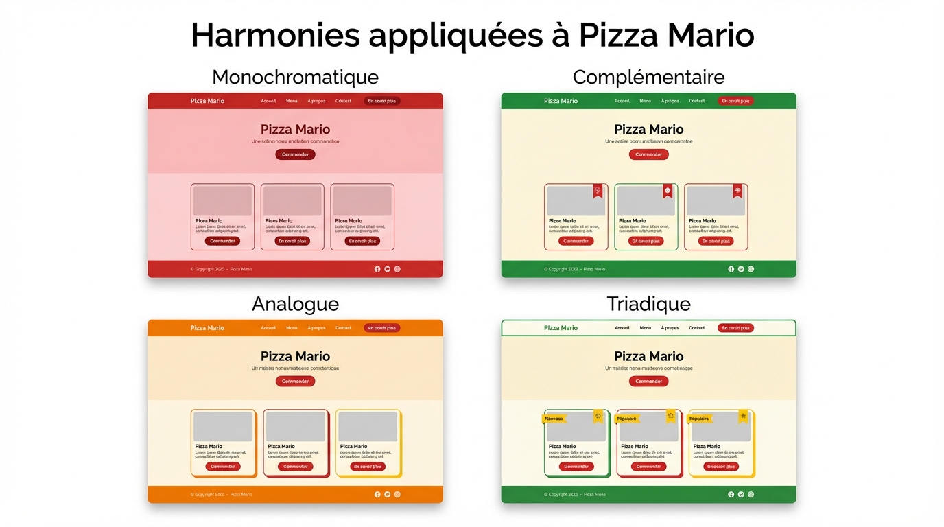Les 4 harmonies de couleurs appliquées au même wireframe Pizza Mario : monochromatique (rouge), complémentaire (rouge+vert), analogue (rouge+orange+jaune), triadique (rouge+vert+jaune)