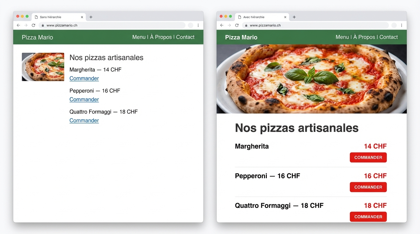 Comparaison de deux versions du site Pizza Mario : à gauche sans hiérarchie visuelle (texte uniforme, pas de distinction), à droite avec hiérarchie (titres grands, prix en évidence, boutons Commander bien visibles)
