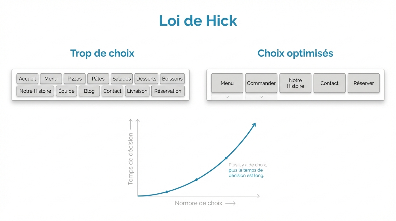 Loi de Hick : une navigation avec 12 items vs une navigation avec 5 items — plus il y a de choix, plus la décision est lente
