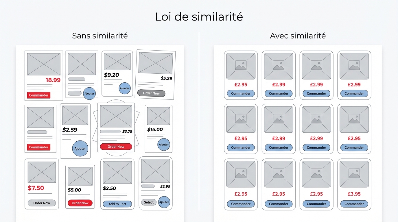 Loi de similarité : des cartes produit avec des styles incohérents vs des cartes identiques bien alignées