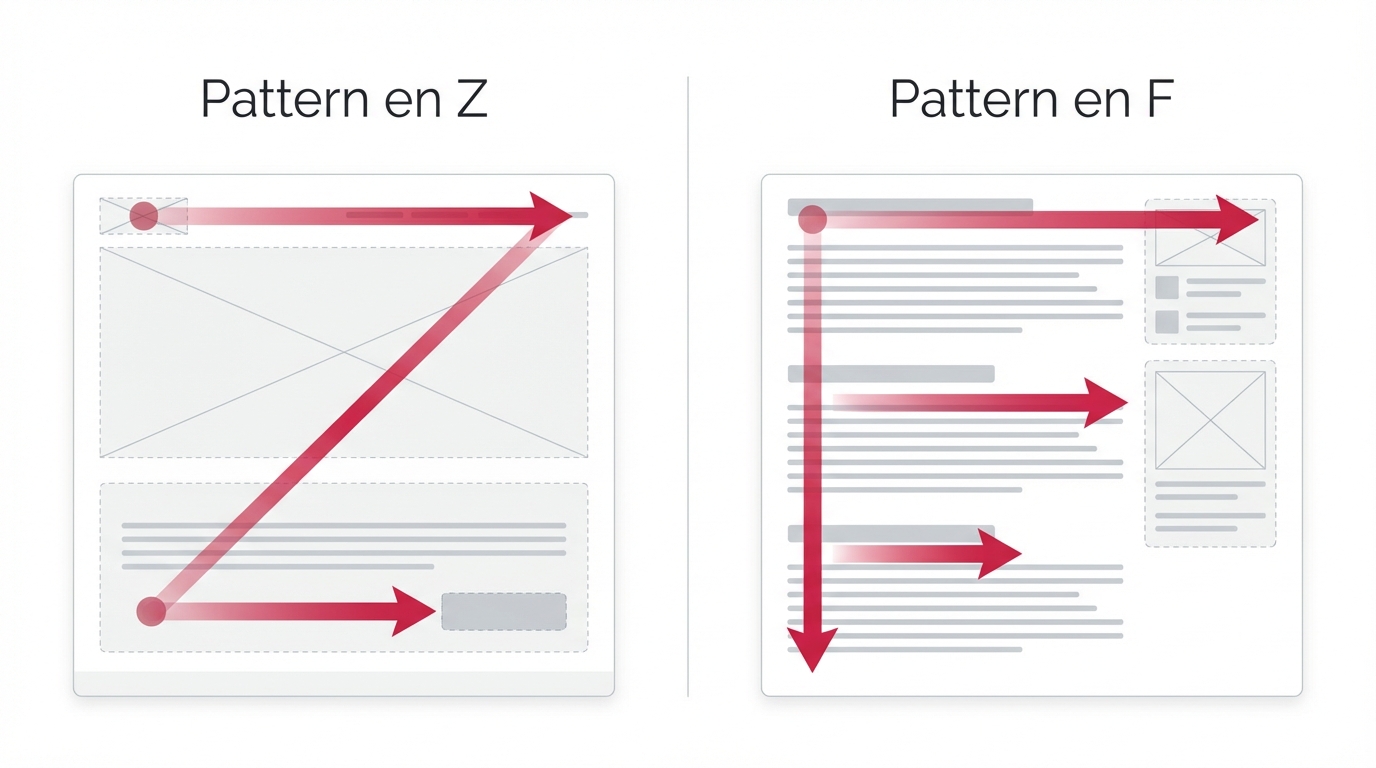 Comparaison des patterns de lecture en Z et en F : le Z pour les landing pages visuelles, le F pour les pages de contenu texte