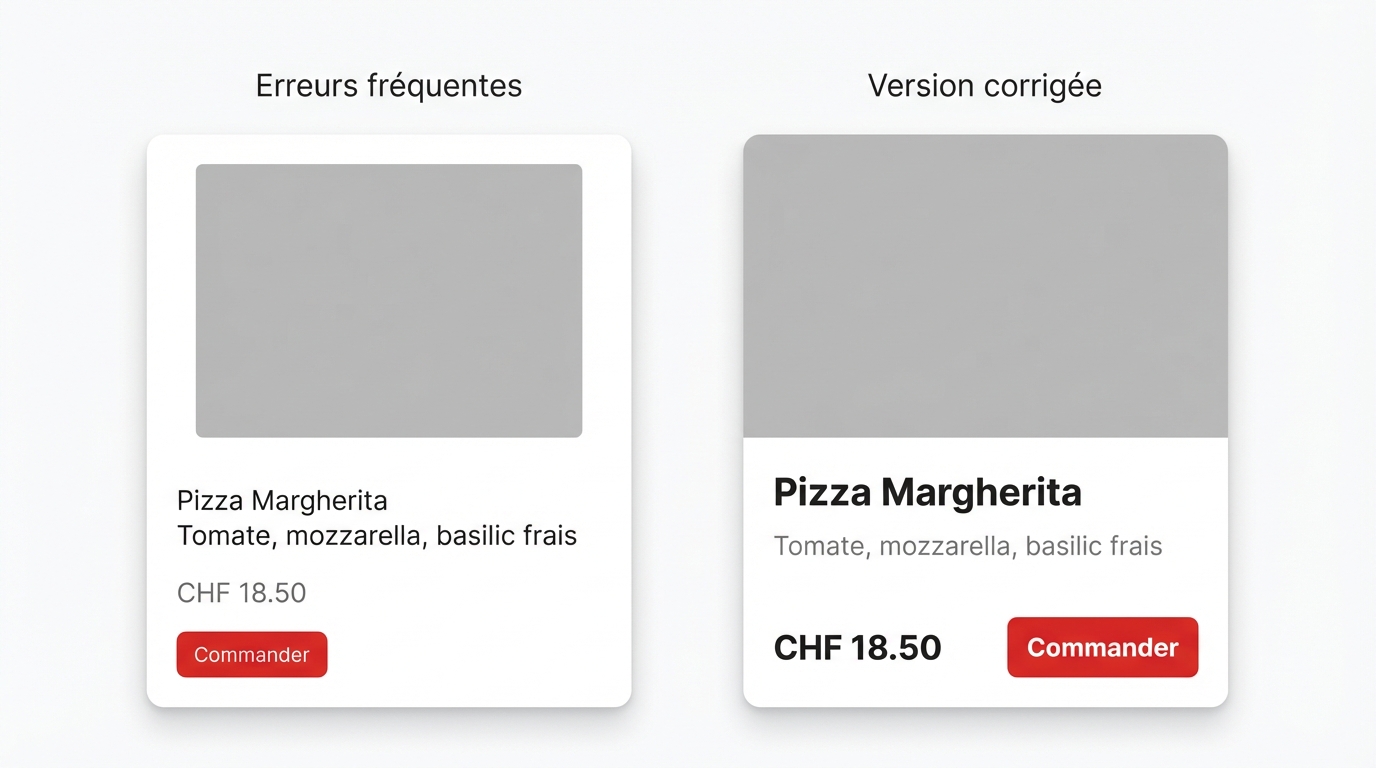 Deux fiches produit : à gauche les erreurs fréquentes (hiérarchie plate, éléments mal groupés), à droite la version corrigée (hiérarchie claire, éléments regroupés)