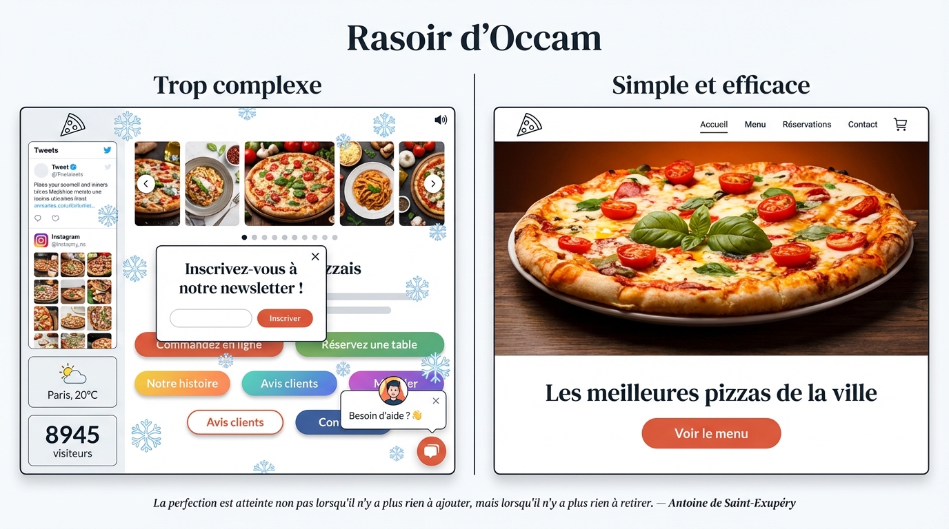 Rasoir d'Occam : un site surchargé (popup, carousel, chat, météo, compteur) vs un site simple (hero, titre, un seul CTA)