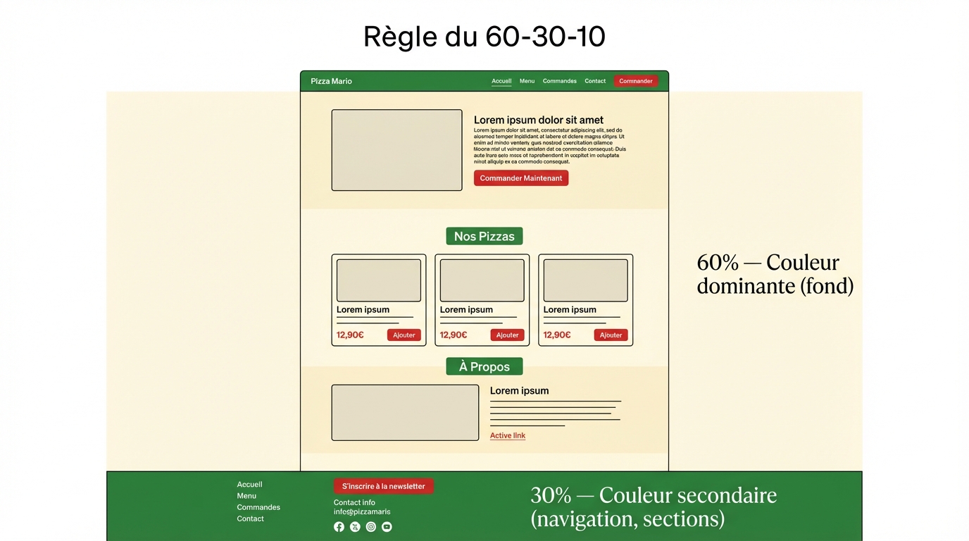 Infographie de la règle 60-30-10 appliquée au site Pizza Mario : 60% fond crème, 30% vert basilic pour la navigation, 10% rouge tomate pour les boutons