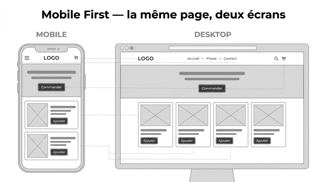 Comparaison wireframe d'une même page Pizza Mario en mobile et desktop, avec lignes pointillées montrant comment les éléments se réorganisent : header, hero avec bouton Commander, et cartes produits qui passent de 2 colonnes empilées sur mobile à 4 cartes alignées sur desktop